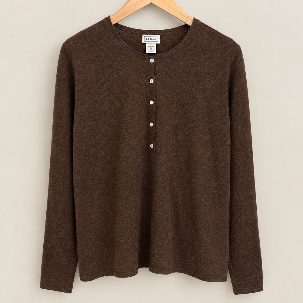 LL Bean Women 100% Cashmere Henley Sweater Brown Long Sleeve XL Cozy Fall Autumn